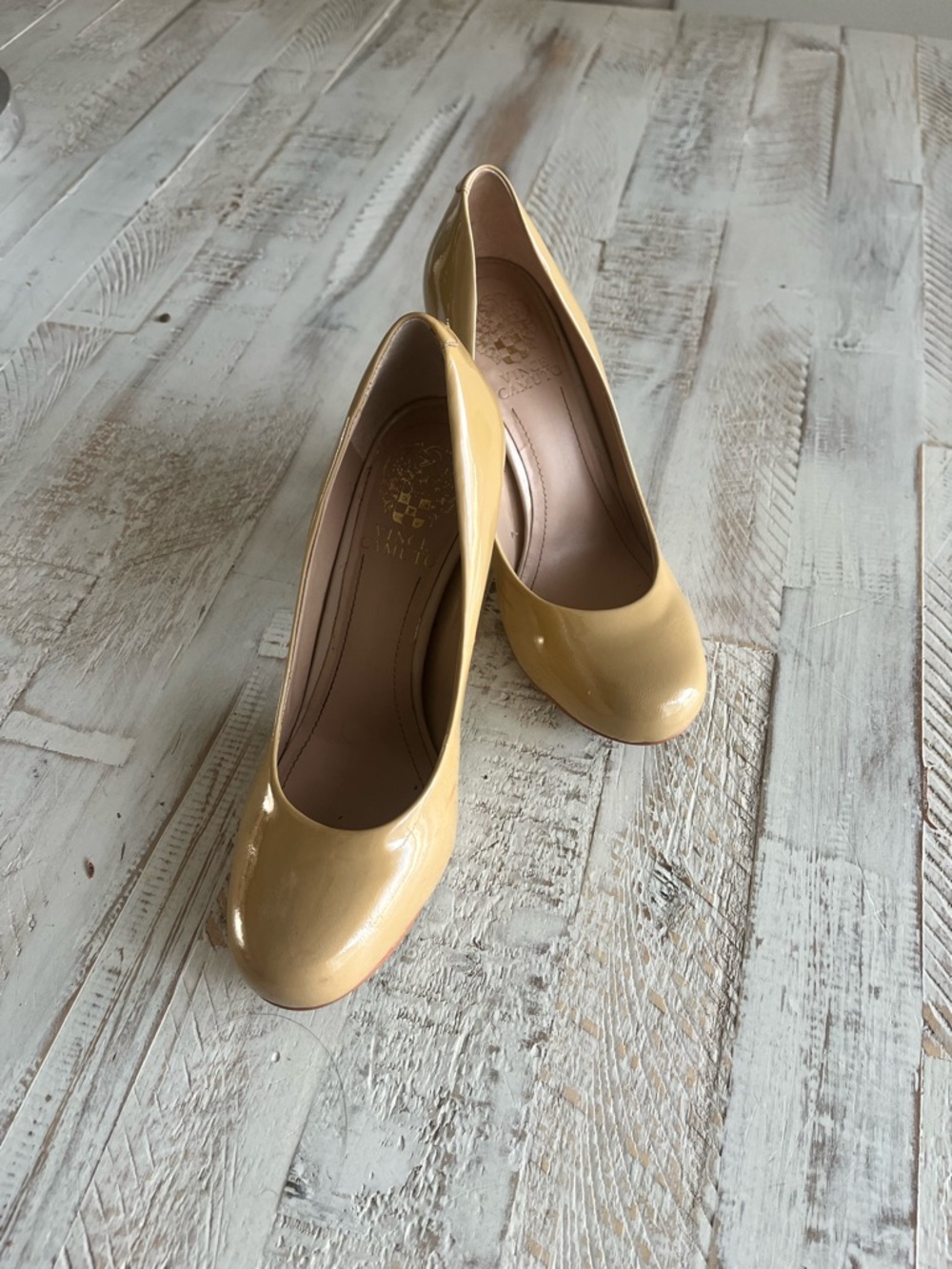 Vince Camuto Glossy Round-Toe Pumps in Mustard
